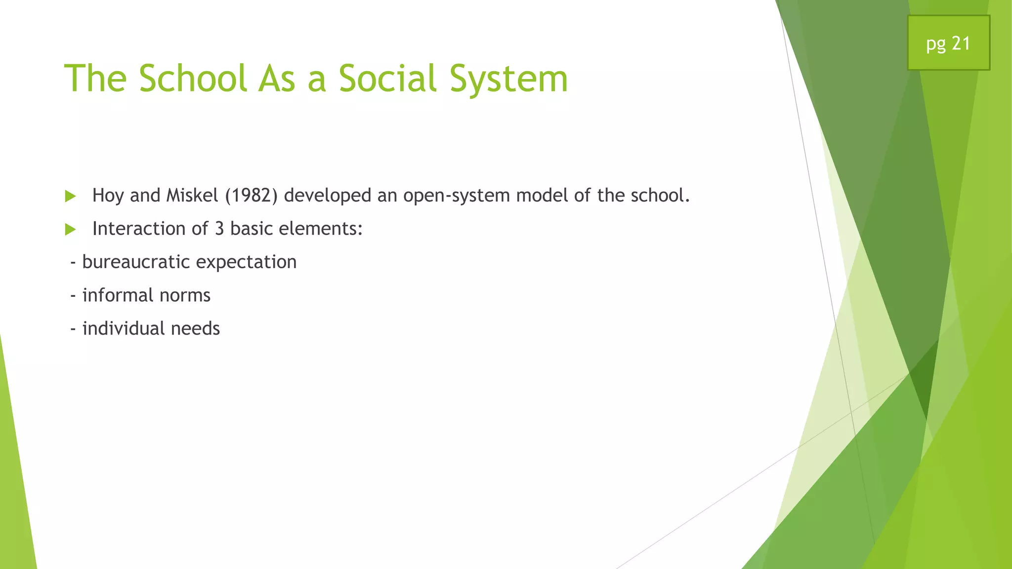 The School As a Social System
 Hoy and Miskel (1982) developed an open-system model of the school.
 Interaction of 3 basic elements:
- bureaucratic expectation
- informal norms
- individual needs
pg 21
 