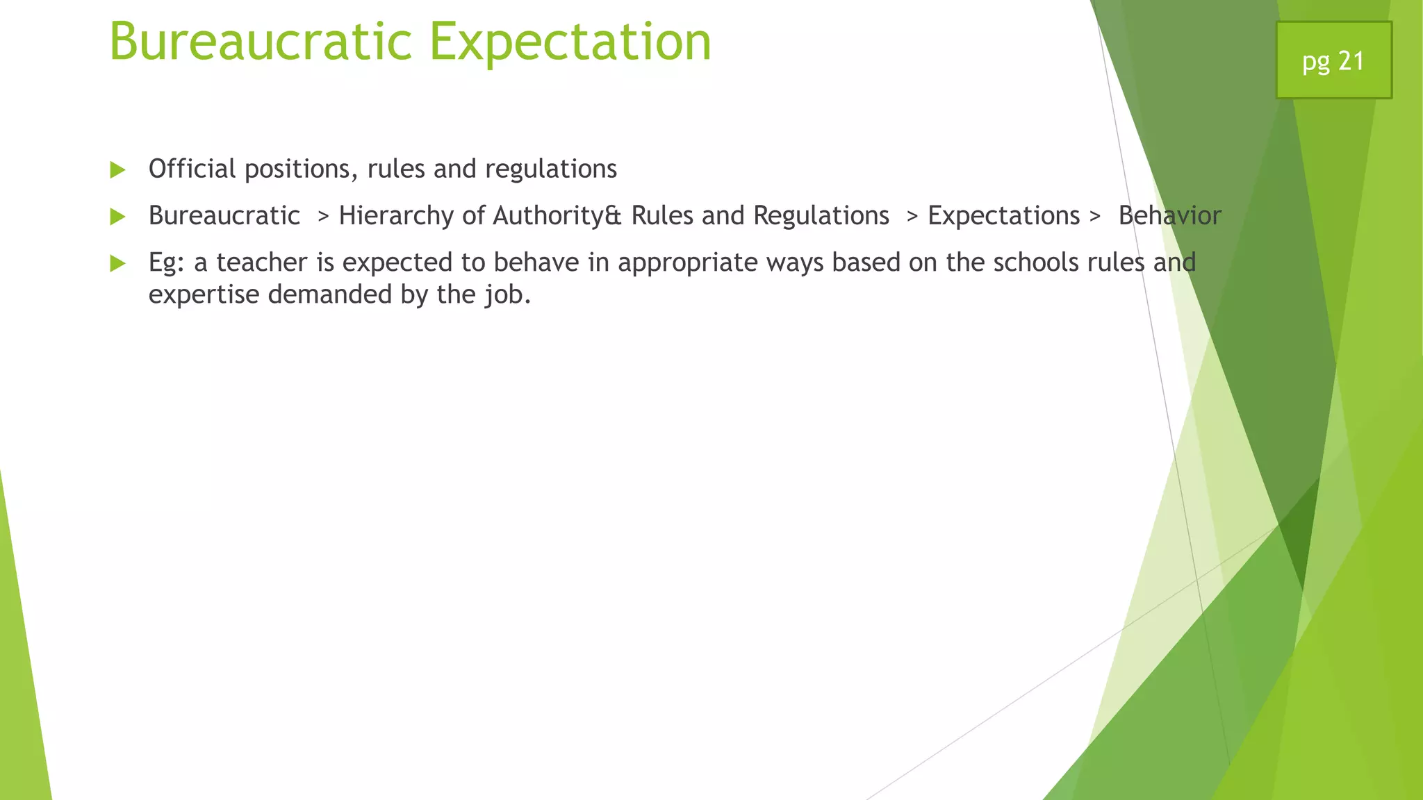 Bureaucratic Expectation
 Official positions, rules and regulations
 Bureaucratic > Hierarchy of Authority& Rules and Regulations > Expectations > Behavior
 Eg: a teacher is expected to behave in appropriate ways based on the schools rules and
expertise demanded by the job.
pg 21
 