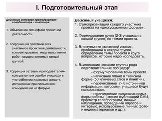 Действия сетевого преподавателя - координатора и тьютора: 1. Объяснение специфики проектной деятельности. 2. Координация действий всех участников проектной деятельности, комментирование  хода выполнения работ, осуществляемых каждой группой; 3. Коррекция сетевым преподавателем-консультантом ошибок учащихся в употреблении языковых средств, допущенных при письменной коммуникации на форуме.  Действия учащихся: 1. Самопрезентация каждого участника проекта на «дискуссионном форуме». 2. Формирование групп (2-3 учащихся в каждой группе) по темам проекта. 3. В результате «мозговой атаки», проведенной в каждой группе, определение темы проекта и круга вопросов, которые надо исследовать. 4. Выполнение членами группы ряда подготовительных процедур:  - формулирование темы проекта, - написание плана в тезисной форме (50 ключевых слов и понятий),  - перечисление  7- 8 источников информации, которыми учащиеся будут пользоваться, - перечисление предполагаемых форм работы  (чтение публикаций СМИ, просмотр телепрограмм, личные наблюдения, проведение опросов и интервью, использование личных фото- и видеоматериалов и др.). I.  Подготовительный этап 