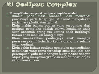  Konsep Klein mengenai oedipus compleks adalah
a) dimulai pada masa oral-anal, dan mencapai
puncaknya pada tahap genital. Freud mengatakan
pada masa phalik atau genital.
b) Klein makin bahwa bagian yang terpenting dari
oedipus compleks adalah bahwa ketakutan anak
akan ancaman orang tua karena anak berkhayal
bahwa anak melukai orang tuanya.
c) Klein menekankan pentingnya anak menjaga
perasaan positif terhadap kedua orang tua selama
tahun oedipal.
d) Klein yakin bahwa oedipus compleks menyediakan
kebutuhan yang sama terhadap anak laki-laki dan
perempuan yaitu membangun sikap positif dengan
objek yang menyenangkan dan menghindari objek
yang menakutkan.
 