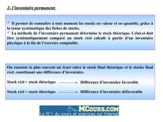  Il permet de connaître à tout moment les stocks en valeur et en quantité, grâce à
la tenue systématique des fiches de stocks.
 La méthode de l’inventaire permanent détermine le stock théorique. Celui-ci doit
être systématiquement comparé au stock réel calculé à partir d’un inventaire
physique à la fin de l’exercice comptable.
2- l’inventaire permanent
2- l’inventaire permanent
On constate le plus souvent un écart entre le stock final théorique et le stocks final
réel, constituant une différence d’inventaire.
Stock réel > stock théorique
Stock réel < stock théorique
Différence d’inventaire favorable
Différence d’inventaire défavorable
 