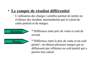 • Le compte de résultat différentiel
– L’utilisation des charges variables permet de mettre en
évidence des résultats intermédiaires par le calcul de
coûts partiels et de marges.
Résultat  Différence entre prix de vente et coût de
revient
Marge  Différence entre le prix de vente et un coût
partiel ; on obtient plusieurs marges qui se
définissent par référence au coût partiel qui a
permis leur calcul.
 