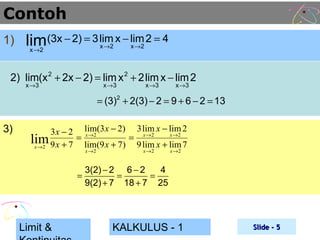 Contoh
1)

lim(3x − 2) = 3 lim x − lim 2 = 4
x →2

x →2

x →2

2) lim(x 2 + 2x − 2) = lim x 2 + 2 lim x − lim 2
x →3

x →3

x →3

x →3

= (3)2 + 2(3) − 2 = 9 + 6 − 2 = 13

3)

3 x − 2 lim(3 x − 2) 3 lim x − lim 2
x →2
= x →2
= x →2
lim 9 x + 7 lim(9 x + 7) 9 lim x + lim 7
x →2
x →2

=

Limit &

x →2

x →2

3(2) − 2 6 − 2
4
=
=
9(2) + 7 18 + 7 25

KALKULUS - 1

Slide - 5

 
