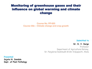 Monitoring of greenhouse gases and their
influence on global warming and climate
change
Course No. PP-605
Course title – Climate change and crop growth
Submitted to
Dr. D. V. Durge
Professor
Department of Agricultural Botany,
Dr. Panjabrao Deshmukh Krishi Vidyapeeth, Akola
Presented
Sujata N. Dandale
Dept. of Plant Pathology
 