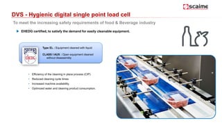 DVS - Hygienic digital single point load cell
To meet the increasing safety requirements of food & Beverage industry
 EHEDG certified, to satisfy the demand for easily cleanable equipment.
Type EL : Equipment cleaned with liquid
CLASS I AUX : Open equipment cleaned
without disassembly
• Efficiency of the cleaning in place process (CIP)
• Reduced cleaning cycle times
• Increased machine availability.
• Optimized water and cleaning product consumption.
 