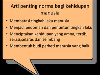 Arti penting norma bagi kehidupan manusia Membatasi tingkah laku manusia Menjadi pedoman dan penuntun tingkah laku Menciptakan kehidupan yang amna, tertib, serasi,selaras dan seimbang Membentuk budi perketi manusia yang baik 