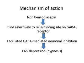 Mechanism of action
Non benzodiazepin
Bind selectively to BZD1 binding site on GABAA
receptor.
Facilliated GABA-mediated neuronal inhibition
CNS depression (hypnosis)
 