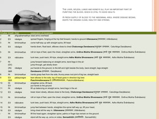 THE LIVER, SPLEEN, LUNGS AND KIDNEYS ALL PLAY AN IMPORTANT PART OF
PURIFYING THE BLOOD, WHICH IS VITAL TO GOOD HEALTH.
A FRESH SUPPLY OF BLOOD TO THE ABDOMINAL AREA, WHERE DISEASE BEGINS,
KEEPS THE ORGANS CLEAN, HEALTHY AND STRONG.
Vinyāsa breath Dṛṣṭi explanation of movement
1 IN añguṣṭhamadhye raise arms overhead
2 EX nāsāgre spread fingers, hinging at the hip fold forward, hands to ground Uttanasana(उत्तानासन, Uttānāsana)
3 IN bhrūmadhye come half-way up with straight spine, lift head
4 EX nāsāgre hands down, float back, ellbows close to chest Chaturanga Dandasana(च ुिाङ्ग दण्डासन, Caturāṅga Daṇḍāsana)
5 IN bhrūmadhye roll on tops of feet, open the chest, straighten arms, Urdhva Mukha Shvanasana (ऊर्धवव मुख र्शवानासन, Ūrdhva Mukha Śvānāsana)
6 EX nābicakre tuck toes, push back, lift hips, straight arms Adho Mukha Shvanasana (अर्ो मुख र्शवानासन, Adho Mukha Śvānāsana)
7 IN jump forward balancing on straight arms, bend legs in the air
(EX) jump through, get slowly down
(IN) nāsāgre put hands to the ground, to the left and right beside the body, back straight, legs straight
5BR Dandasana (दण्डासन, Daṇḍāsana)
8 IN bhrūmadhye hands grasp feet from the side, thump press root joint of big toe, straight back
9 EX pādayoragre lean elbows to the side, top of head goes in direction big toes
5BR Paschimottanasana C (पस्र्शचमोत्तानासन, Paścimottānāsana)
10 IN bhrūmadhye straighten arms, lift back
EX put hands to the ground
11 IN nāsāgre lift up balancing on straight arms, bend legs in the air
12 EX nāsāgre lower down slowly, elbows close to the body, Chaturanga Dandasana(च ुिाङ्ग दण्डासन, Caturāṅga Daṇḍāsana)
13 IN bhrūmadhye roll on tops of feet, open the chest, straighten arms, Urdhva Mukha Shvanasana (ऊर्धवव मुख र्शवानासन, Ūrdhva Mukha Śvānāsana)
14 EX nābicakre tuck toes, push back, lift hips, straight arms, Adho Mukha Shvanasana(अर्ो मुख र्शवानासन, Adho Mukha Śvānāsana)
15 IN bhrūmadhye jump feet between hands, straighten the spine half way up, lift your head,
16 EX nāsāgre bring chest all the way in, Uttanasana (उत्तानासन, Uttānāsana)
- IN bhrūmadhye lift the head again, straighten spine, palms or finger tips remain on the ground
EX nāsāgre stand all the way up, arms on sides, Samasthitih (समस्थित िः, Samasthitiḥ)
 
