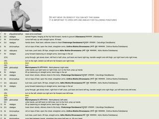 DO NOT MOVE ON SERIES IF YOU CAN NOT THIS ASANA
IT IS IMPORTANT TO OPEN HIPS AND ANKLES FOR FOLLOWING POSATURES
1 IN añguṣṭhamadhye raise arms overhead
2 EX nāsāgre spread fingers, hinging at the hip fold forward, hands to ground Uttanasana(उत्तानासन, Uttānāsana)
3 IN bhrūmadhye come half-way up with straight spine, lift head
4 EX nāsāgre hands down, float back, ellbows close to chest Chaturanga Dandasana(च ुिाङ्ग दण्डासन, Caturāṅga Daṇḍāsana)
5 IN bhrūmadhye roll on tops of feet, open the chest, straighten arms, Urdhva Mukha Shvanasana (ऊर्धवव मुख र्शवानासन, Ūrdhva Mukha Śvānāsana)
6 EX nābicakre tuck toes, push back, lift hips, straight arms Adho Mukha Shvanasana (अर्ो मुख र्शवानासन, Adho Mukha Śvānāsana)
7 IN nāsāgre jump forward balancing on straight arms, bend legs in the air
(EX) jump through, get slowly down, left foot in half Lotus, pull back and bend right leg, transfer weight onto left thigh, put right hand onto right knee,
(IN) turn to the right, stretch out left arm far forward over right knee
(EX) bind
(IN) turn
5BR pārśvadṛṣṭi Marichyasana D (मिीच्र्ासन, Marīcyāsana) (right side)
EX untie hands, put right hand on right knee, turn to the front, prop up hands
8 IN nāsāgre lift up balancing on straight arms, bend legs in the air
9 EX nāsāgre lower down slowly, elbows close to the body, Chaturanga Dandasana(च ुिाङ्ग दण्डासन, Caturāṅga Daṇḍāsana)
10 IN bhrūmadhye roll on tops of feet, open the chest, straighten arms, Urdhva Mukha Shvanasana (ऊर्धवव मुख र्शवानासन, Ūrdhva Mukha Śvānāsana)
11 EX nābicakre tuck toes, push back, lift hips, straight arms, Adho Mukha Shvanasana(अर्ो मुख र्शवानासन, Adho Mukha Śvānāsana)
12 IN nāsāgre jump forward balancing on straight arms, bend legs in the air
(EX) jump through, get slowly down, right foot in half Lotus, pull back and bend left leg, transfer weight onto right thigh, put left hand onto left knee,
(IN) turn to the left, stretch out right arm far forward over left knee
(EX) bind
(IN) turn
5BR pārśvadṛṣṭi Marichyasana D (मिीच्र्ासन, Marīcyāsana) (left side)
EX untie hands, put left hand on left knee, turn to the front, prop up hands
13 IN nāsāgre lift up balancing on straight arms, bend legs in the air
14 EX nāsāgre lower down slowly, elbows close to the body, Chaturanga Dandasana(च ुिाङ्ग दण्डासन, Caturāṅga Daṇḍāsana)
15 IN bhrūmadhye roll on tops of feet, open the chest, straighten arms, Urdhva Mukha Shvanasana (ऊर्धवव मुख र्शवानासन, Ūrdhva Mukha Śvānāsana)
16 EX nābicakre tuck toes, push back, lift hips, straight arms, Adho Mukha Shvanasana(अर्ो मुख र्शवानासन, Adho Mukha Śvānāsana)
 
