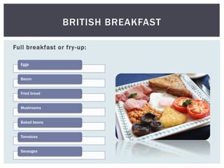 Full breakfast or fry-up:
BRITISH BREAKFAST
Eggs
Bacon
Fried bread
Mushrooms
Baked beans
Tomatoes
Sausages
 