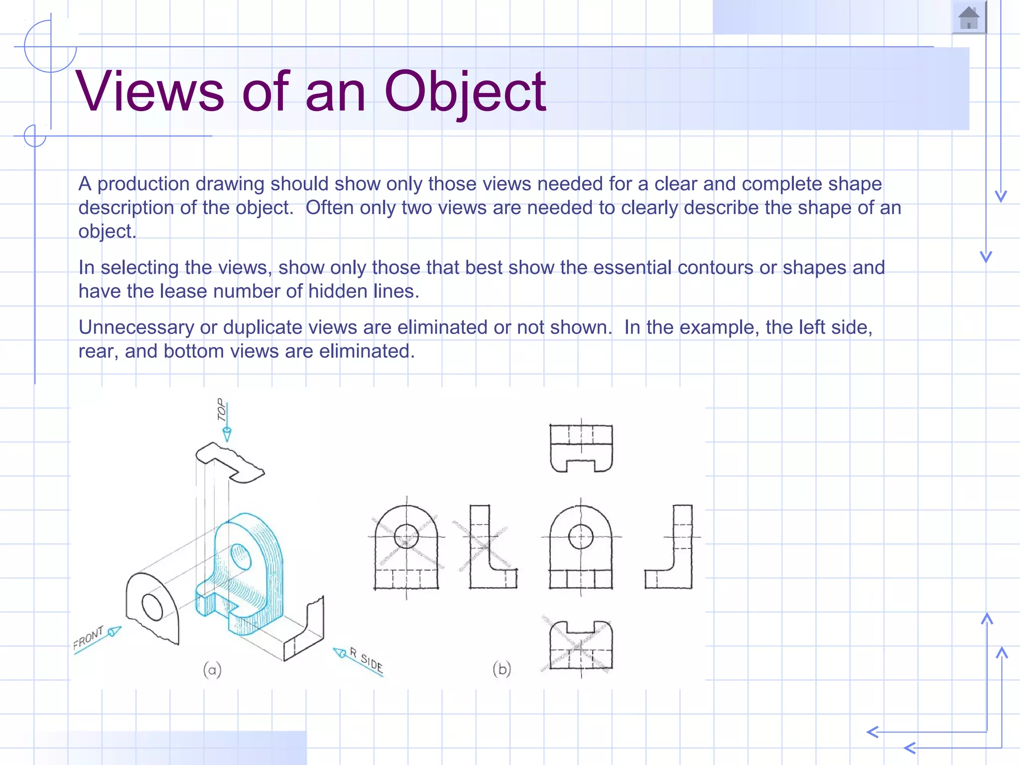 Views of an Object
A production drawing should show only those views needed for a clear and complete shape
description of the object. Often only two views are needed to clearly describe the shape of an
object.
In selecting the views, show only those that best show the essential contours or shapes and
have the lease number of hidden lines.
Unnecessary or duplicate views are eliminated or not shown. In the example, the left side,
rear, and bottom views are eliminated.
 