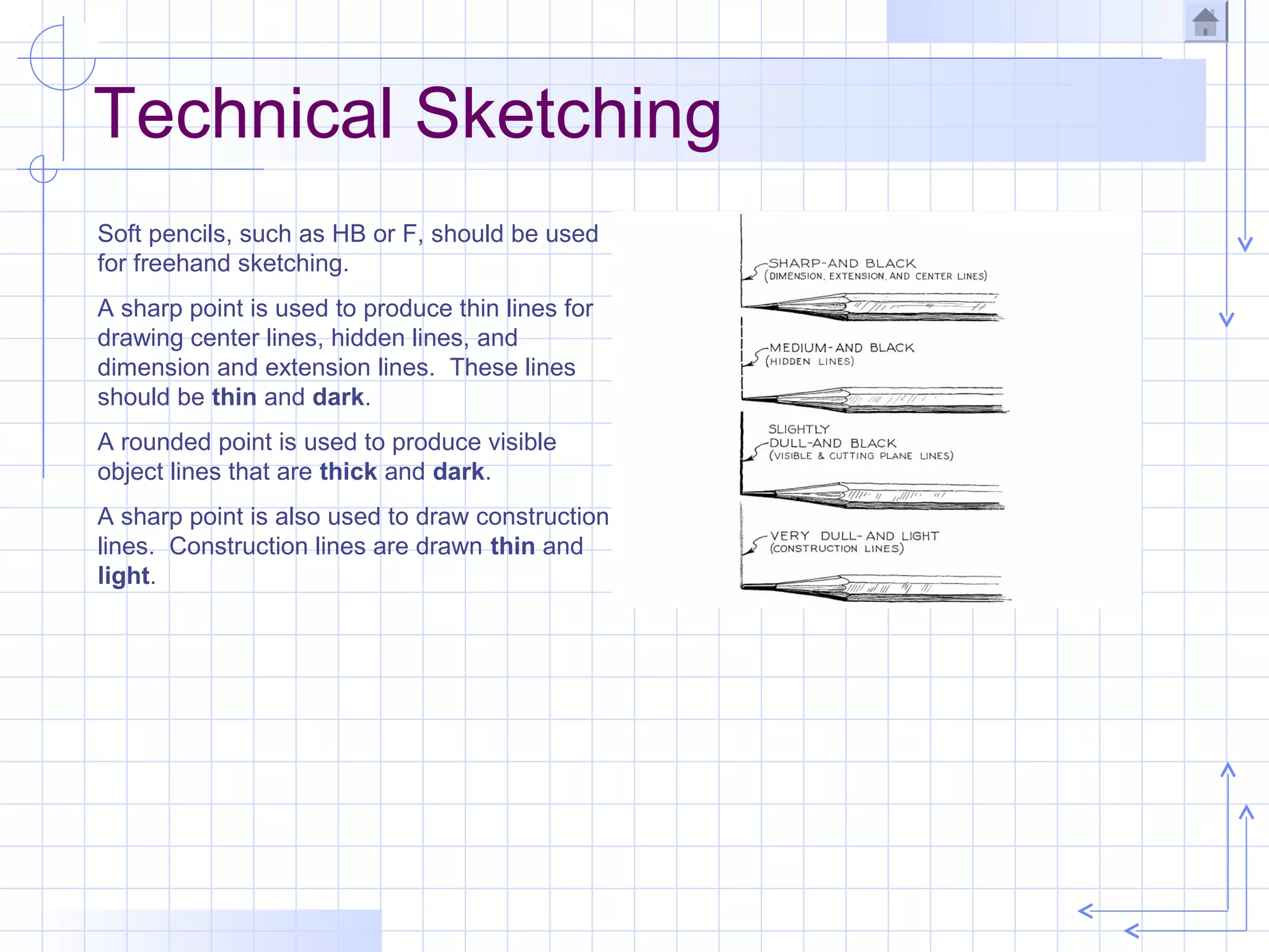Technical Sketching
Soft pencils, such as HB or F, should be used
for freehand sketching.
A sharp point is used to produce thin lines for
drawing center lines, hidden lines, and
dimension and extension lines. These lines
should be thin and dark.
A rounded point is used to produce visible
object lines that are thick and dark.
A sharp point is also used to draw construction
lines. Construction lines are drawn thin and
light.
 