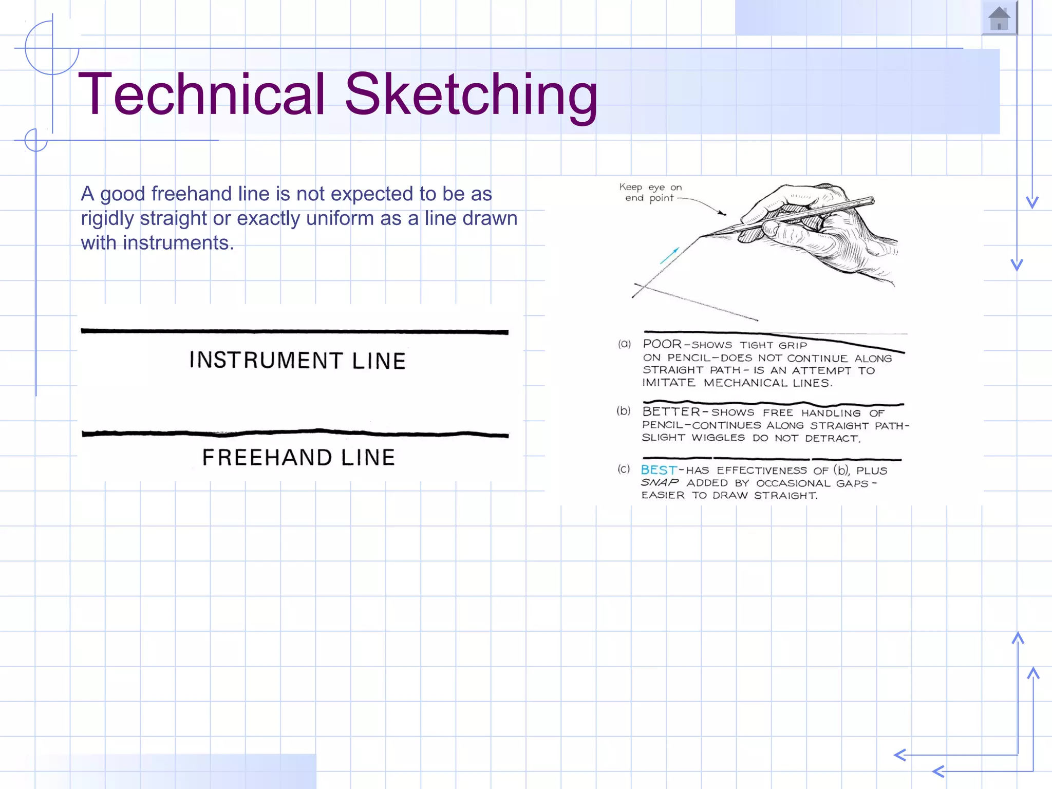 Technical Sketching
A good freehand line is not expected to be as
rigidly straight or exactly uniform as a line drawn
with instruments.
 
