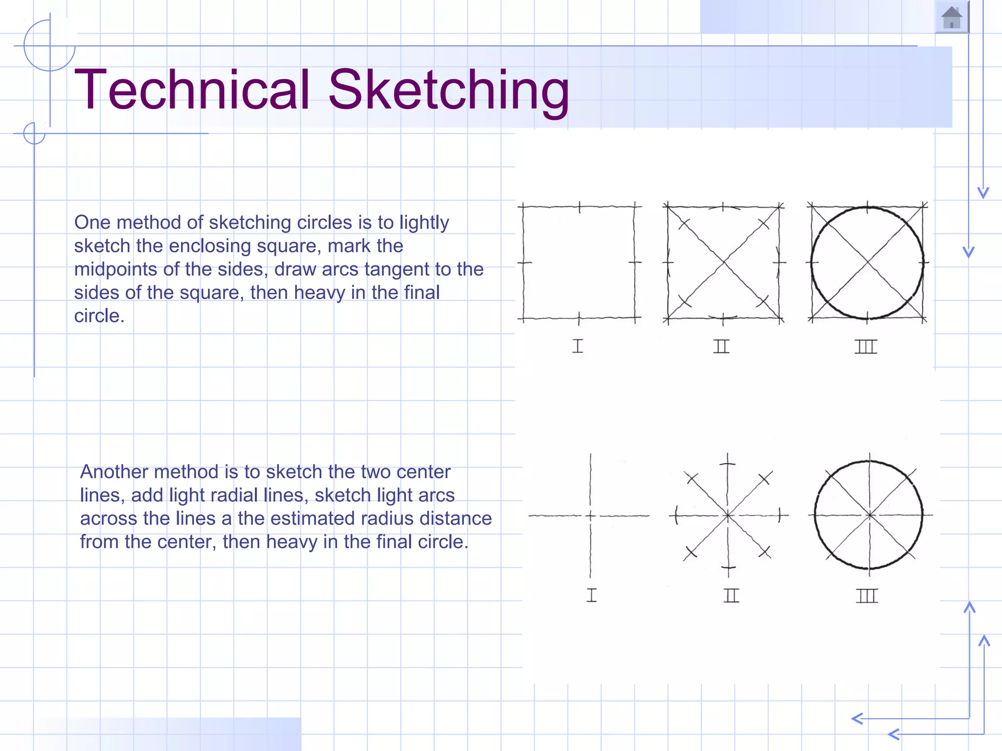Technical Sketching

One method of sketching circles is to lightly
sketch the enclosing square, mark the
midpoints of the sides, draw arcs tangent to the
sides of the square, then heavy in the final
circle.




Another method is to sketch the two center
lines, add light radial lines, sketch light arcs
across the lines a the estimated radius distance
from the center, then heavy in the final circle.
 