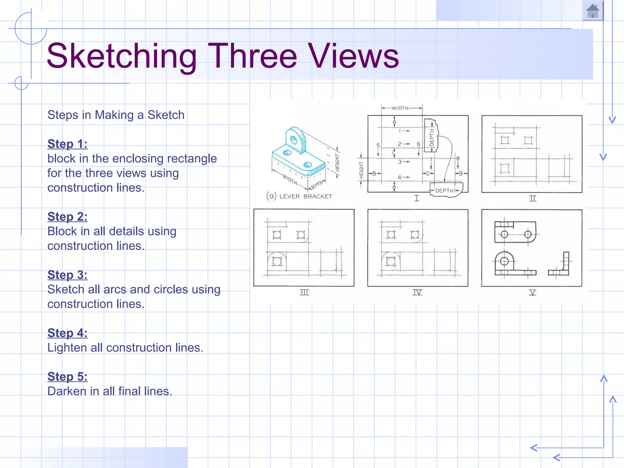Sketching Three Views
Steps in Making a Sketch

Step 1:
block in the enclosing rectangle
for the three views using
construction lines.

Step 2:
Block in all details using
construction lines.

Step 3:
Sketch all arcs and circles using
construction lines.

Step 4:
Lighten all construction lines.

Step 5:
Darken in all final lines.
 