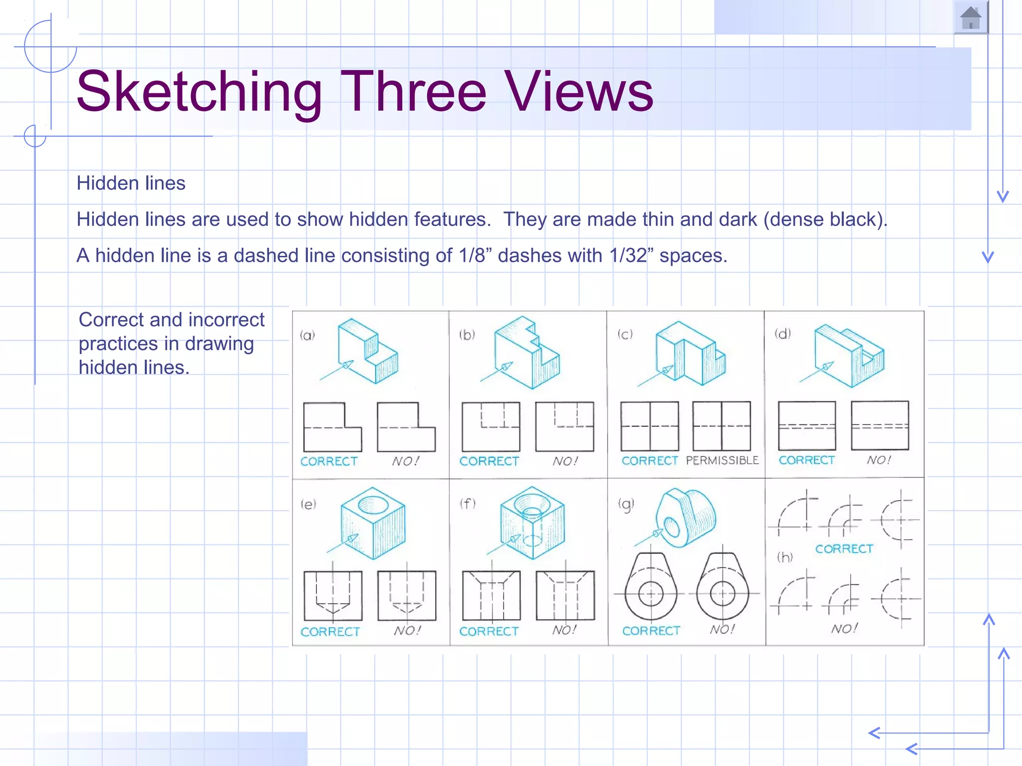 Sketching Three Views
Hidden lines
Hidden lines are used to show hidden features. They are made thin and dark (dense black).
A hidden line is a dashed line consisting of 1/8” dashes with 1/32” spaces.


Correct and incorrect
practices in drawing
hidden lines.
 