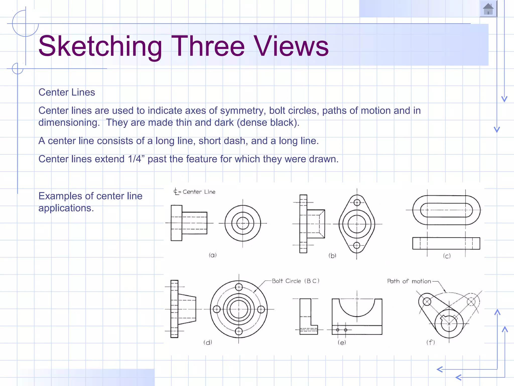 Sketching Three Views
Center Lines
Center lines are used to indicate axes of symmetry, bolt circles, paths of motion and in
dimensioning. They are made thin and dark (dense black).
A center line consists of a long line, short dash, and a long line.
Center lines extend 1/4” past the feature for which they were drawn.


Examples of center line
applications.
 