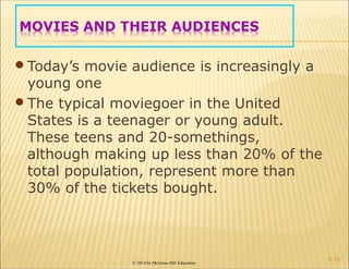 © 2014 by McGraw-Hill Education
MOVIES AND THEIR AUDIENCES
•Today’s movie audience is increasingly a
young one
•The typical moviegoer in the United
States is a teenager or young adult.
These teens and 20-somethings,
although making up less than 20% of the
total population, represent more than
30% of the tickets bought.
6-10
 