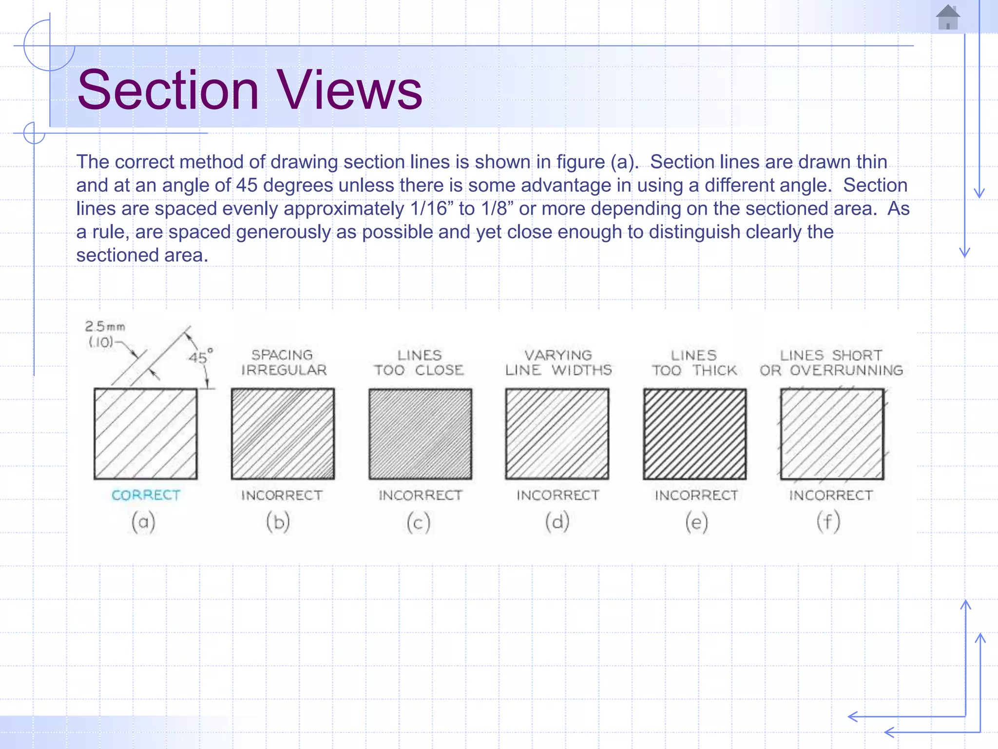 Section Views
The correct method of drawing section lines is shown in figure (a). Section lines are drawn thin
and at an angle of 45 degrees unless there is some advantage in using a different angle. Section
lines are spaced evenly approximately 1/16” to 1/8” or more depending on the sectioned area. As
a rule, are spaced generously as possible and yet close enough to distinguish clearly the
sectioned area.
 