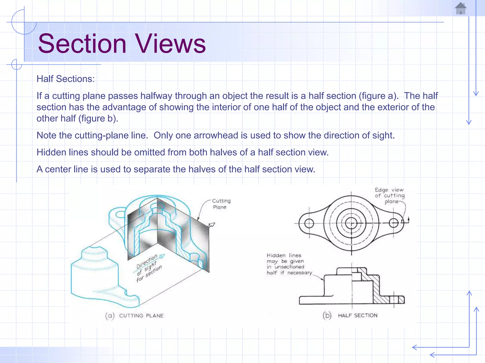 Section Views
Half Sections:
If a cutting plane passes halfway through an object the result is a half section (figure a). The half
section has the advantage of showing the interior of one half of the object and the exterior of the
other half (figure b).
Note the cutting-plane line. Only one arrowhead is used to show the direction of sight.
Hidden lines should be omitted from both halves of a half section view.
A center line is used to separate the halves of the half section view.
 