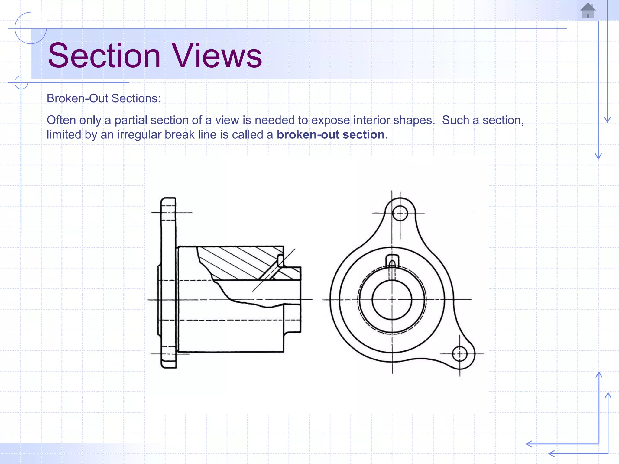 Section Views
Broken-Out Sections:
Often only a partial section of a view is needed to expose interior shapes. Such a section,
limited by an irregular break line is called a broken-out section.
 