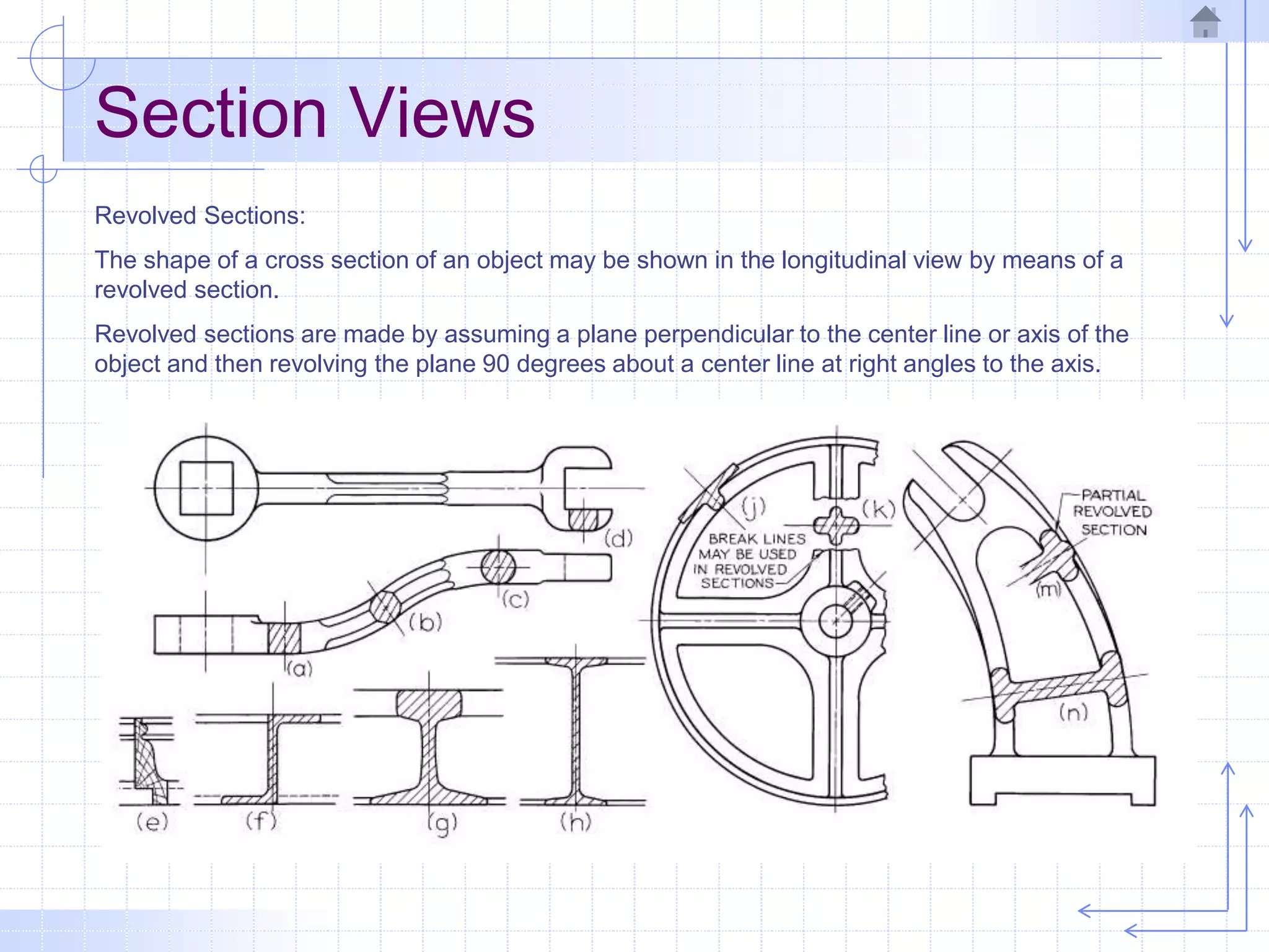 Section Views
Revolved Sections:
The shape of a cross section of an object may be shown in the longitudinal view by means of a
revolved section.
Revolved sections are made by assuming a plane perpendicular to the center line or axis of the
object and then revolving the plane 90 degrees about a center line at right angles to the axis.
 
