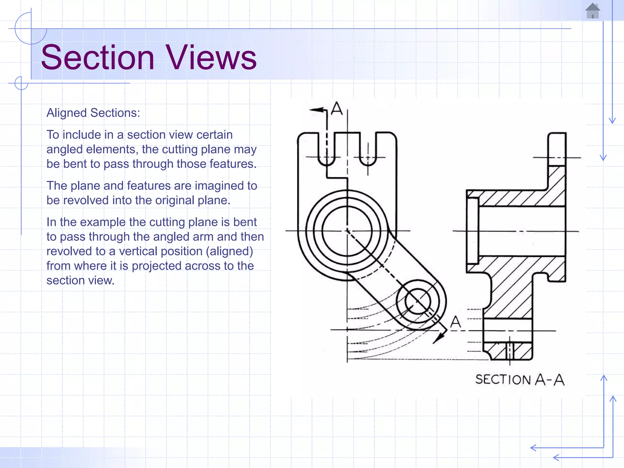 Section Views
Aligned Sections:
To include in a section view certain
angled elements, the cutting plane may
be bent to pass through those features.
The plane and features are imagined to
be revolved into the original plane.
In the example the cutting plane is bent
to pass through the angled arm and then
revolved to a vertical position (aligned)
from where it is projected across to the
section view.
 