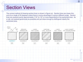 Section Views
The correct method of drawing section lines is shown in figure (a). Section lines are drawn thin
and at an angle of 45 degrees unless there is some advantage in using a different angle. Section
lines are spaced evenly approximately 1/16” to 1/8” or more depending on the sectioned area. As
a rule, are spaced generously as possible and yet close enough to distinguish clearly the
sectioned area.
 