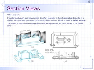 Section Views
Offset Sections:
In sectioning through an irregular object it is often desirable to show features that do not lie in a
straight line by offsetting or bending the cutting plane. Such a section is called an offset section.
The offsets or bends in the cutting plane are all 90 degrees and are never shown in the section
view.
 
