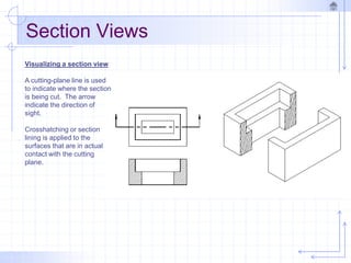 Section Views
Visualizing a section view
A cutting-plane line is used
to indicate where the section
is being cut. The arrow
indicate the direction of
sight.
Crosshatching or section
lining is applied to the
surfaces that are in actual
contact with the cutting
plane.
 