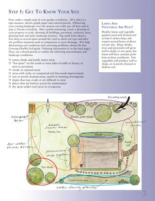 Step 4: Give Plants a Good Start                                                                            Step 1: Get To Know Your Site
                Any plant you choose will grow best with good soil preparation, and                                         First, make a simple map of your garden conditions. All it takes is a
                proper planting and care. The following simple practices will help                                          tape measure, shovel, graph paper and colored pencils. (Observing                Lawns And
                prevent many problems.                                                                                      your existing landscape over the seasons can really pay off here and in          Vegetables Are Picky!
                                                                                                                            step 2, Dream a Garden). After careful measuring, create a drawing of
                                                                                                                            your property to scale, showing all buildings, pavement, rockeries, trees,       Healthy lawns and vegetable
                                                                                                                            planting beds and other landscape features. Dig small holes about a              gardens need well drained soil
    Build Healthy Soil                                                                                                                                                                                       at least 6 inches deep, and
                                                                                                                            foot deep in several spots around the yard to check soil type and iden-
    u	 Loosen soil at least 10 to 12 inches deep throughout planting beds, and 6 to 8 inches                                tify problem situations such as compaction or poor drainage. (For help           require several hours of direct
       deep in lawns. Use a shovel or digging fork, or a rototiller for large areas. Try a                                  determining soil conditions and correcting problems, obtain the free             sun per day. Many shrubs,
       pick or mattock to break through compacted layers.                                                                   Growing Healthy Soil guide. Ordering information is on the back page.)           trees and perennials will grow
                                                                                                                            Next, use colored pencils to outline the following microclimates and             well in shady or wet spots, but
    u	 Thoroughly mix compost into loosened soil throughout the planting bed when
                                                                                                                            landscape conditions:                                                            lawns will have constant prob-
       planting a new or remodeled garden area. To choose an amendment for your soil
                                                                                                                                                                                                             lems in these conditions. Few
       and to determine how much to use, see the Growing Healthy Soil guide (ordering                                       r	 sunny, shady and partly sunny areas                                           vegetables will produce well in
       information on back page). When planting individual plants in the middle of a lawn                                   r	 “hot spots” on the south or west sides of walls or fences, or                 shade, or in poorly drained or
       or into an established planting bed, loosen the soil in an area at least three to four                               	 next to pavement                                                               shallow soil.
       feet in diameter—larger for root balls measuring over a foot wide—but do not add                                     r	 windy or exposed areas
       soil amendments since this may prevent the plant’s roots from spreading beyond the                                   r	 areas with rocky or compacted soil that needs improvement
       planting hole.                                                                                                       r	 wet or poorly drained areas, runoff or draining downspouts
                                                                                                                            r	 slopes that may erode or are difficult to mow
    Plant Right                                                                                                             r	 places that are hard to access for maintenance
    u	 Dig a hole large enough to spread the plant’s roots.                                                                 r	 dry spots under roof eaves or evergreens

    u	 Form a firm mound at the bottom of the planting hole. Make it high enough so that
       the top of the root ball is at the soil surface, as it was in the pot or at the nursery.
                                                                                                                                                                                                                  Prevailing winds
    u	 Loosen and spread the roots. Untangle circling
       or matted roots and spread them out around the
       plant, using a hose to gently spray soil off the
       outside of the root ball if needed.
    u	 Fill in with the soil removed to make the plant-
       ing hole. Firm soil with your hands, and water                                                                                                                              Shade, part shade
       thoroughly. Check the level of the plant after
       watering has settled the soil.

    Mulch and Water Wisely
                                                                                                                                                               Sunny, hot
    u	 Spread mulch in a circle extending a little fur-                                                                                                                                                  Shade
       ther out than the plant’s branches. Mulch keeps             Place plant at the level
       roots moist, and makes soils loose and absor-               it was growing in the
                                                                   pot or slightly higher                                                                                                                                        Sandy
       bent. Keep mulch a few inches away from the                                                       Mulch layer                                                                                                              soil
       plant’s trunk or stems. For help choosing the
       best mulch for each type of plant, refer to the
       Growing Healthy Soil guide (ordering informa-
       tion on back page).
    u	 Water as needed until plants are established.
       Even most drought-tolerant plants need irriga-
       tion their first two or three summers. Once es-                                                       Spread roots                                Dry shade
                                                                Wide planting hole
       tablished, they can get by with little or no water                                                    over mound
       in addition to what nature provides. For more                              Mound soil at bottom
       on healthy watering practices, see the Smart
       Watering guide (ordering information on back                                                                                                                              Lower level, wet
       page).



6                                                                                                                                                                                                                                              3
 