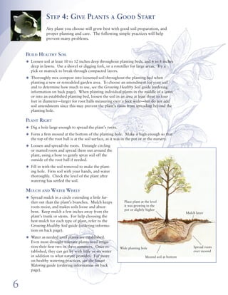 Step 4: Give Plants a Good Start                                                                            Step 1: Get To Know Your Site
                Any plant you choose will grow best with good soil preparation, and                                         First, make a simple map of your garden conditions. All it takes is a
                proper planting and care. The following simple practices will help                                          tape measure, shovel, graph paper and colored pencils. (Observing                Lawns And
                prevent many problems.                                                                                      your existing landscape over the seasons can really pay off here and in          Vegetables Are Picky!
                                                                                                                            step 2, Dream a Garden). After careful measuring, create a drawing of
                                                                                                                            your property to scale, showing all buildings, pavement, rockeries, trees,       Healthy lawns and vegetable
                                                                                                                            planting beds and other landscape features. Dig small holes about a              gardens need well drained soil
    Build Healthy Soil                                                                                                                                                                                       at least 6 inches deep, and
                                                                                                                            foot deep in several spots around the yard to check soil type and iden-
    u	 Loosen soil at least 10 to 12 inches deep throughout planting beds, and 6 to 8 inches                                tify problem situations such as compaction or poor drainage. (For help           require several hours of direct
       deep in lawns. Use a shovel or digging fork, or a rototiller for large areas. Try a                                  determining soil conditions and correcting problems, obtain the free             sun per day. Many shrubs,
       pick or mattock to break through compacted layers.                                                                   Growing Healthy Soil guide. Ordering information is on the back page.)           trees and perennials will grow
                                                                                                                            Next, use colored pencils to outline the following microclimates and             well in shady or wet spots, but
    u	 Thoroughly mix compost into loosened soil throughout the planting bed when
                                                                                                                            landscape conditions:                                                            lawns will have constant prob-
       planting a new or remodeled garden area. To choose an amendment for your soil
                                                                                                                                                                                                             lems in these conditions. Few
       and to determine how much to use, see the Growing Healthy Soil guide (ordering                                       r	 sunny, shady and partly sunny areas                                           vegetables will produce well in
       information on back page). When planting individual plants in the middle of a lawn                                   r	 “hot spots” on the south or west sides of walls or fences, or                 shade, or in poorly drained or
       or into an established planting bed, loosen the soil in an area at least three to four                               	 next to pavement                                                               shallow soil.
       feet in diameter—larger for root balls measuring over a foot wide—but do not add                                     r	 windy or exposed areas
       soil amendments since this may prevent the plant’s roots from spreading beyond the                                   r	 areas with rocky or compacted soil that needs improvement
       planting hole.                                                                                                       r	 wet or poorly drained areas, runoff or draining downspouts
                                                                                                                            r	 slopes that may erode or are difficult to mow
    Plant Right                                                                                                             r	 places that are hard to access for maintenance
    u	 Dig a hole large enough to spread the plant’s roots.                                                                 r	 dry spots under roof eaves or evergreens

    u	 Form a firm mound at the bottom of the planting hole. Make it high enough so that
       the top of the root ball is at the soil surface, as it was in the pot or at the nursery.
                                                                                                                                                                                                                  Prevailing winds
    u	 Loosen and spread the roots. Untangle circling
       or matted roots and spread them out around the
       plant, using a hose to gently spray soil off the
       outside of the root ball if needed.
    u	 Fill in with the soil removed to make the plant-
       ing hole. Firm soil with your hands, and water                                                                                                                              Shade, part shade
       thoroughly. Check the level of the plant after
       watering has settled the soil.

    Mulch and Water Wisely
                                                                                                                                                               Sunny, hot
    u	 Spread mulch in a circle extending a little fur-                                                                                                                                                  Shade
       ther out than the plant’s branches. Mulch keeps             Place plant at the level
       roots moist, and makes soils loose and absor-               it was growing in the
                                                                   pot or slightly higher                                                                                                                                        Sandy
       bent. Keep mulch a few inches away from the                                                       Mulch layer                                                                                                              soil
       plant’s trunk or stems. For help choosing the
       best mulch for each type of plant, refer to the
       Growing Healthy Soil guide (ordering informa-
       tion on back page).
    u	 Water as needed until plants are established.
       Even most drought-tolerant plants need irriga-
       tion their first two or three summers. Once es-                                                       Spread roots                                Dry shade
                                                                Wide planting hole
       tablished, they can get by with little or no water                                                    over mound
       in addition to what nature provides. For more                              Mound soil at bottom
       on healthy watering practices, see the Smart
       Watering guide (ordering information on back                                                                                                                              Lower level, wet
       page).



6                                                                                                                                                                                                                                              3
 