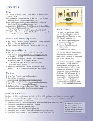 How To Select The Right                                                         Wet Winter/Dry Summer Plants             Resources
                                                    Plants For A Beautiful,                                                         A selection from The Plant List (see
                                                                                                                                    back page to order this and other        Books
                                                    Trouble-Free Garden                                                             Natural Lawn & Garden Guides):
                                                                                                                                                                             Ann Lovejoy’s Organic Garden Design School by Ann Lovejoy;
                                                                                                                                    Trees                                       Rodale, 2004
                                                     When you grow plants in the appropriate conditions, they                       – Betula utilis var. jacquemontii 		     Grow Your Own Native Landscape by Michael Leigh; MISC0273,
                                                     thrive with minimal care. By choosing plants well adapted                       (Himalayan White Birch)                    Washington State University Extension, 2005
                                    to each garden situation, you save time and money, reduce maintenance,                          – Liquidambar styraciflua                Home Landscaping: Northwest Region by Roger Holmes &
                                    help prevent pests and diseases, and leave more clean water for salmon                           (American Sweet Gum)                       Don Marshall; Creative Homeowner, 2002
                                    and other wildlife. Plan now and enjoy the benefits for years to come.                          Shrubs                                   Landscaping for Wildlife in the Pacific Northwest by Russell Link;
                                    This guide takes you through the following simple steps for choosing                            – Gaultheria shallon (Salal)                University of Washington Press, 1999
                                    plants that will flourish in your garden:                                                       – Myrica californica                     Right Plant, Right Place by Nicola Ferguson; Fireside, 2005               The Plant List
                                                                                                                                     (California Wax Myrtle)                 Sunset Western Garden Book edited by Kathleen Norris Brenzel;
                                    u	 Get to know your site.                                                                                                                                                                                          The Plant List is designed to help
                                                                                                                                    – Potentilla fruticosa                      Sunset Publishing Corp., 2007
                                       Learn about the conditions in each part of your garden. Once you                              (Shrubby Cinquefoil)                                                                                              you pick the right plants for your
                                       know your soils and microclimates—the areas in your landscape with                                                                                                                                              site’s conditions. The guide of over
                                                                                                                                    Perennials, Grasses and More                                                                                       200 plants is organized by:
                                       unique climatic characteristics—you can choose plants that will thrive
                                                                                                                                    – Carex ‘Ice Dance’ (Variegated Sedge)   Hotlines For Gardening Questions	
                                       in each area.                                                                                – Erythronium revolutum                                                                                            r	 Wet winter/dry summer plants
                                                                                                                                                                             r	 WSU Master Gardener Hotline, Snohomish County Extension,
                                    u	 Dream a garden.                                                                               (Pink Fawn Lily)                           (425) 357-6010 or MG.help@wsu.edu                                      r	 Moisture-loving plants
                                       Decide how you want to use your landscape, and consider                                      – Hemerocallis cultivars (Daylily)                                                                                 r	 Favorite Pacific Northwest
                                                                                                                                                                             r	 Plant Answer Line, UW Botanic Gardens, (206) 897-5268
                                       all the ways plants can help you create play                                                                                                                                                                       Native plants
                                       areas, colorful flower displays, privacy or                                                                                                                                                                     r	 Drought-tolerant plants
                                       shade, wildlife habitat, food and more.                                                                                               Demonstration Gardens
                                                                                                                                                                             r	 WSU Master Gardener Demonstration Gardens; For                         The List also indicates whether each
                                    u	 Create a plan to fit your site.
                                                                                                                                                                                locations visit: www.snohomish.wsu.edu/mg/gardemo.htm                  plant likes sun, shade or partial
                                       Identify plants that will thrive with little
                                                                                                                                                                                or call (425) 338-2400                                                 shade, and is evergreen or deciduous,
                                       maintenance in each situation, as well as
                                                                                                                                                                             r	 Soest Herbaceous Display Garden, Center for Urban                      and includes helpful tips.
                                                                                        Garden and photo by Stacy Crooks




                                       providing the colors, scents, fruit or other
                                       qualities you desire. See The Plant List                                                                                                 Horticulture, 3501 NE 41st Street, Seattle
                                                                                                                                                                                                                                                       The List was developed in coordina-
                                       box on page 7 for more information.                                                                                                   r	 The Waterwise Garden, Bellevue Botanical Garden,
                                                                                                                                                                                                                                                       tion with the Great Plant Picks
                                                                                                                                                                                12001 Main Street, Bellevue
                                    u	 Give plants a good start.                                                                                                                                                                                       (GPP) program, which promotes
                                                                                                                                                                             r	 Waterwise Demonstration Garden, Woodinville Water
                                       Prepare your soil with compost, plant                                                                                                                                                                           plants well suited to Pacific North-
                                                                                                                                                                                District, 17238 NE Woodinville-Duvall Rd, Woodinville
                                       properly, mulch and follow healthy                                                                                                                                                                              west gardens west of the Cascade
                                       watering practices. More information                                                                                                                                                                            Mountains. Many of the plants in
                                       is detailed in the free Growing Healthy                                                                                               Web Sites                                                                 the List are GPP selections. GPP is
                                       Soil and Smart Watering guides                                                                                                        r	 Great Plant Picks: www.greatplantpicks.org
                                                                                                                                                                                                                                                       administered by the staff of the
                                       (ordering information on back page).                                                                                                                                                                            Elisabeth Carey Miller Botanical
                                                                                                                                                                             r	 Native plant information:
                                                                                                                                 A sunny border                                                                                                        Garden. For more details and to
                                                                                                                                                                                www.wnps.org, http://gardening.wsu.edu/nwnative
                                                                                                                                                                                                                                                       view color photos of all GPP selec-
                                                                                                                                                                             r	 Natural Lawn & Garden Care: www.naturalyardcare.info
                                                                                                                             Pacific Northwest Native Plants                                                                                           tions, visit www.greatplantpicks.org.
                                                                                                                                                                             r	 UW Botanic Garden: www.millerlibrary.org
                                                                                                                           A selection from The Plant List (see back         r	 Washington State University Extension/Master Gardeners:
Garden and photo by Carl Woestwin




                                                                                                                           page to order this and other Natural Lawn            http://gardening.wsu.edu, http://pnwplants.wsu.edu
                                                                                                                           & Garden Guides):
                                                                                                                           Trees
                                                                                                                           – Acer circinatum (Vine Maple)                    Professional Assistance
                                                                                                                           – Quercus garryana (Garry Oak)                    Landscape Architects or designers can help you draw a full landscape plan, design an arbor, or simply
                                                                                                                           – Tsuga mertensiana (Mountain Hemlock)            check your sketches and suggest improvements. Nursery staff can often work with your map and
                                                                                                                           Shrubs                                            suggest appropriate plants for each place.
                                                                                                                           – Arctostaphylos uva-ursi (Kinnikinnick)
                                                                                                                           – Mahonia nervosa (Cascade Oregon Grape)          r	 American Society of Landscape Architects, Washington Chapter, www.wasla.org
                                                                                                                                                                                                                                                                    Refer to the back of this
                                                                                                                           – Philadelphus lewisii (Mock Orange)              r	 Association of Professional Landscape Designers,
                                                                                                                                                                                                                                                                    brochure for a list of all of
                                                                                                                           – Symphoricarpos albus (Common Snowberry)            Washington Chapter, www.apldwa.org
                                                                                                                                                                                                                                                                    the free Natural Lawn &
                                                                                                                           Perennials, Grasses and More                      r	 The Irrigation Association, www.irrigation.org
                                                                                                                                                                                                                                                                    Garden guides and to find
                                                                                                                           – Asarum caudatum (Wild Ginger)                   r	 Washington Association of Landscape Professionals, www.walp.org
                                                                                                                                                                                                                                                                    out how to obtain them.
                                                                                                                           – Blechnum spicant (Deer Fern)                    r	 Washington State Nursery & Landscape Association, www.wsnla.org
                                                                                                                           – Cornus canadensis (Bunchberry)

2                                                     A shady garden of native plants
                                                                                                                           – Smilacena racemosa (False Solomon’s Seal)
                                                                                                                                                                                                                                                                                                    7
 