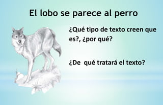 El lobo se parece al perro
¿Qué tipo de texto creen que
es?, ¿por qué?
¿De qué tratará el texto?
 