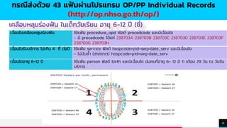 TREYresearch
18
เงื่อนไขเคลือบหลุมร่องฟัน ใช้แฟ้ม procedure_opd ฟิลด์ procedcode และมีเงื่อนไข
- มี procedcode ได้แก่ 238703A 238703B 238703C 238703D 238703E 238703F
238703G 238703H
เงื่อนไขรับบริการ ไม่เกิน 4 ซี่ ต่อปี ใช้แฟ้ม service ฟิลด์ hospcode+pid+seq+date_serv และมีเงื่อนไข
- ไม่นับซ้า (distinct) hospcode+pid+seq+date_serv
เงื่อนไขอายุ 6-12 ปี ใช้แฟ้ม person ฟิลด์ birth และมีเงื่อนไข นับคนที่อายุ 6- 12 ปี 11 เดือน 29 วัน ณ วันรับ
บริการ
เคลือบหลุมร่องฟัน ในเด็กวัยเรียน อายุ 6-12 ปี (ซี่)
กรณีส่งด้วย 43 แฟ้มผ่านโปรแกรม OP/PP Individual Records
(http://op.nhso.go.th/op/)
 