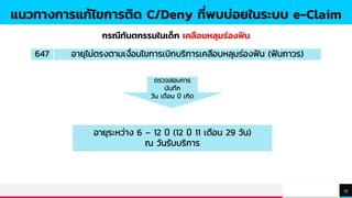 TREYresearch
33
แนวทางการแก้ไขการติด C/Deny ที่พบบ่อยในระบบ e-Claim
กรณีทันตกรรมในเด็ก เคลือบหลุมร่องฟัน
647 อายุไม่ตรงตามเงื่อนไขการเบิกบริการเคลือบหลุมร่องฟัน (ฟันถาวร)
อายุระหว่าง 6 – 12 ปี (12 ปี 11 เดือน 29 วัน)
ณ วันรับบริการ
ตรวจสอบการ
บันทึก
วัน เดือน ปี เกิด
 