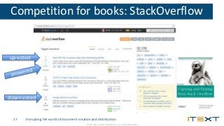 © 2016, iText Group NV, iText Software Corp., iText Software BVBA
Competition for books: StackOverflow
Disrupting the world of document creation and distribution17
up-voted
down-voted
 