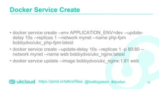 https://joind.in/talk/a76ea @bobbyjason #doxlon
• docker service create --env APPLICATION_ENV=dev --update-
delay 10s --replicas 1 --network mynet --name php-fpm
bobbydvo/ukc_php-fpm:latest
• docker service create --update-delay 10s --replicas 1 -p 80:80 --
network mynet --name web bobbydvo/ukc_nginx:latest
• docker service update --image bobbydvo/ukc_nginx:1.81 web
Docker Service Create
19
 