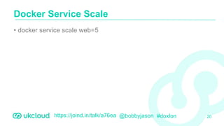 https://joind.in/talk/a76ea @bobbyjason #doxlon
• docker service scale web=5
Docker Service Scale
20
 