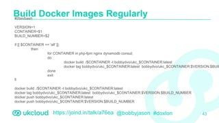 https://joind.in/talk/a76ea @bobbyjason #doxlon
Build Docker Images Regularly
43
#!/bin/bash
VERSION=1
CONTAINER=$1
BUILD_NUMBER=$2
if [[ $CONTAINER == 'all' ]];
then
for CONTAINER in php-fpm nginx dynamodb consul;
do
docker build ./$CONTAINER -t bobbydvo/ukc_$CONTAINER:latest
docker tag bobbydvo/ukc_$CONTAINER:latest bobbydvo/ukc_$CONTAINER:$VERSION.$BUIL
done
exit
fi
docker build ./$CONTAINER -t bobbydvo/ukc_$CONTAINER:latest
docker tag bobbydvo/ukc_$CONTAINER:latest bobbydvo/ukc_$CONTAINER:$VERSION.$BUILD_NUMBER
docker push bobbydvo/ukc_$CONTAINER:latest
docker push bobbydvo/ukc_$CONTAINER:$VERSION.$BUILD_NUMBER
 