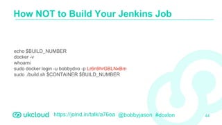 https://joind.in/talk/a76ea @bobbyjason #doxlon
How NOT to Build Your Jenkins Job
44
echo $BUILD_NUMBER
docker -v
whoami
sudo docker login -u bobbydvo -p Lr6n9hrGBLNxBm
sudo ./build.sh $CONTAINER $BUILD_NUMBER
 