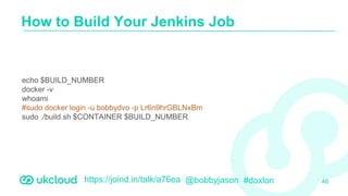 https://joind.in/talk/a76ea @bobbyjason #doxlon
How to Build Your Jenkins Job
46
echo $BUILD_NUMBER
docker -v
whoami
#sudo docker login -u bobbydvo -p Lr6n9hrGBLNxBm
sudo ./build.sh $CONTAINER $BUILD_NUMBER
 