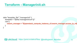 https://joind.in/talk/a76ea @bobbyjason #doxlon
Terraform - Managerinit.sh
55
data "template_file" "managerinit" {
template = "${file("managerinit.sh")}"
vars {
swarm_manager = "${openstack_compute_instance_v2.swarm_manager.access_ip_v4}
}
}
 
