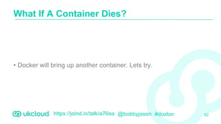 https://joind.in/talk/a76ea @bobbyjason #doxlon
• Docker will bring up another container. Lets try.
What If A Container Dies?
62
 