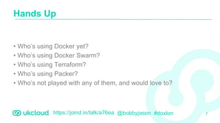https://joind.in/talk/a76ea @bobbyjason #doxlon
• Who’s using Docker yet?
• Who’s using Docker Swarm?
• Who’s using Terraform?
• Who’s using Packer?
• Who’s not played with any of them, and would love to?
Hands Up
7
 