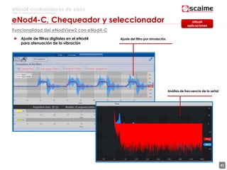 41
eNod4 controladores de peso
Para la automatización de procesos
Funcionalidad del eNodView2 con eNod4-C
► Ajuste de filtros digitales en el eNod4
para atenuación de la vibración
eNod4
aplicaciones
eNod4-C, Chequeador y seleccionador
Ajuste del filtro por simulación.
Análisis de frecuencia de la señal
 