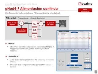 59
eNod4 controladores de peso
Para procesos automatizados
eNod4-F Alimentación continua
Configuración del controlador PID con eNod4 y eNodView2
PID control – Proporcional – Integral - Derivativo
Tasa de flujo
objetivo
Tasa de flujo
instantáneo
- Kp +
1/Ti
Td
error % Control
de salida
► Manual
• eNodView permite configurar los parámetros PID (Kp, Ti,
Td) por representación gráfica de la respuesta al
escalón.
► Automático
• Auto-ajuste de los parámetros PID utilizando el modelo
Broïda.
• Elección de 2 comportamientos para el PID: Rápido /
Estable
eNod4
aplicaciones
Salida
analógica
 