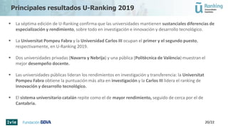 Principales resultados U-Ranking 2019
 La séptima edición de U-Ranking confirma que las universidades mantienen sustanciales diferencias de
especialización y rendimiento, sobre todo en investigación e innovación y desarrollo tecnológico.
 La Universitat Pompeu Fabra y la Universidad Carlos III ocupan el primer y el segundo puesto,
respectivamente, en U-Ranking 2019.
 Dos universidades privadas (Navarra y Nebrija) y una pública (Politècnica de València) muestran el
mejor desempeño docente.
 Las universidades públicas lideran los rendimientos en investigación y transferencia: la Universitat
Pompeu Fabra obtiene la puntuación más alta en investigación y la Carlos III lidera el ranking de
innovación y desarrollo tecnológico.
 El sistema universitario catalán repite como el de mayor rendimiento, seguido de cerca por el de
Cantabria.
20/22
 