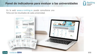 En la web www.u-ranking.es puede consultarse una
ficha con los resultados de cada universidad.
3/22
Panel de indicadores para evaluar a las universidades
 