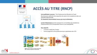 Une qualification reconnue : Titre Professionnel du Ministère du Travail
Reconnaissance officielle d’une acquisition de savoirs et de compétences dans une
spécialité professionnelle.
Un classement interministériel reconnu par tous les Ministères
Le titre Professionnel peut être composé de 1 à 4 Certificats de Compétences
Professionnelles (CCP) correspondant chacun à une employabilité.
Deux objectifs :
• L’insertion rapide dans l’emploi
• L’accès progressif au titre professionnel par capitalisation des CCPs
 
